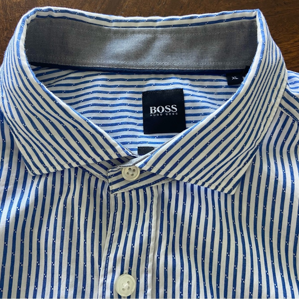 3/$25‎ Hugo Boss Slim Fit Blue White Striped Stretch Shirt Sz XL